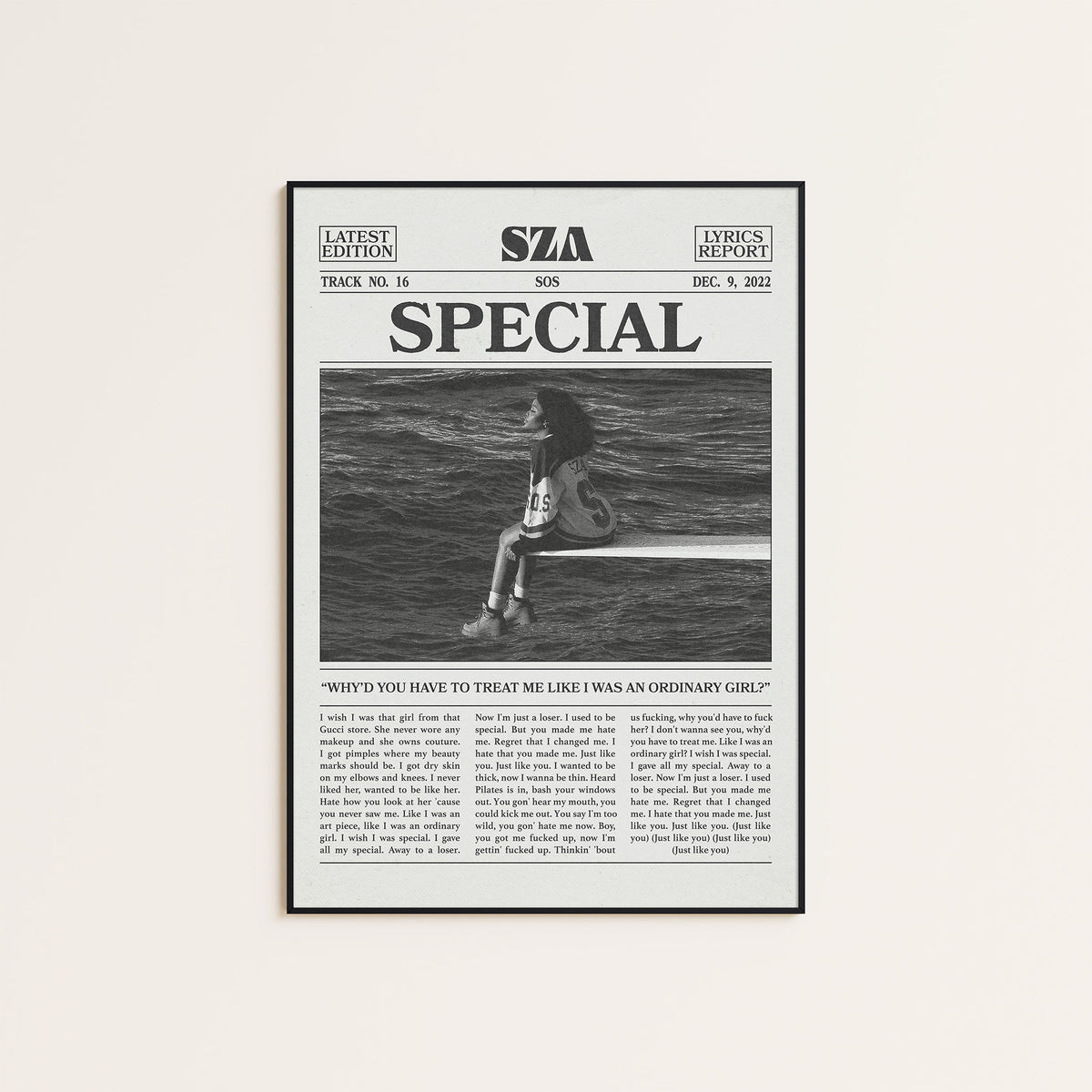 SZA Special newspaper poster — black frame display