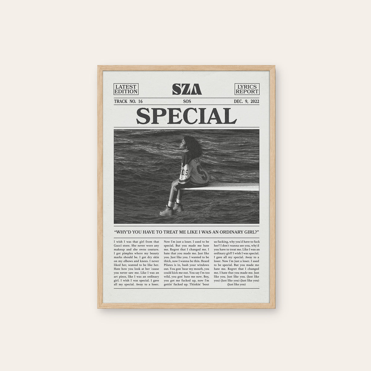 SZA Special newspaper poster — natural wood frame