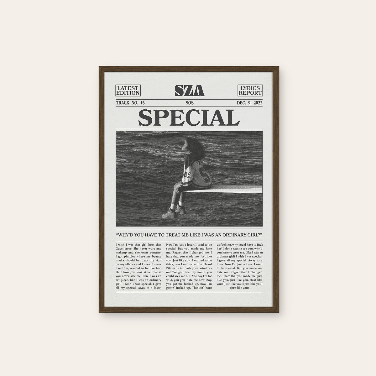 SZA Special newspaper poster — dark wood frame