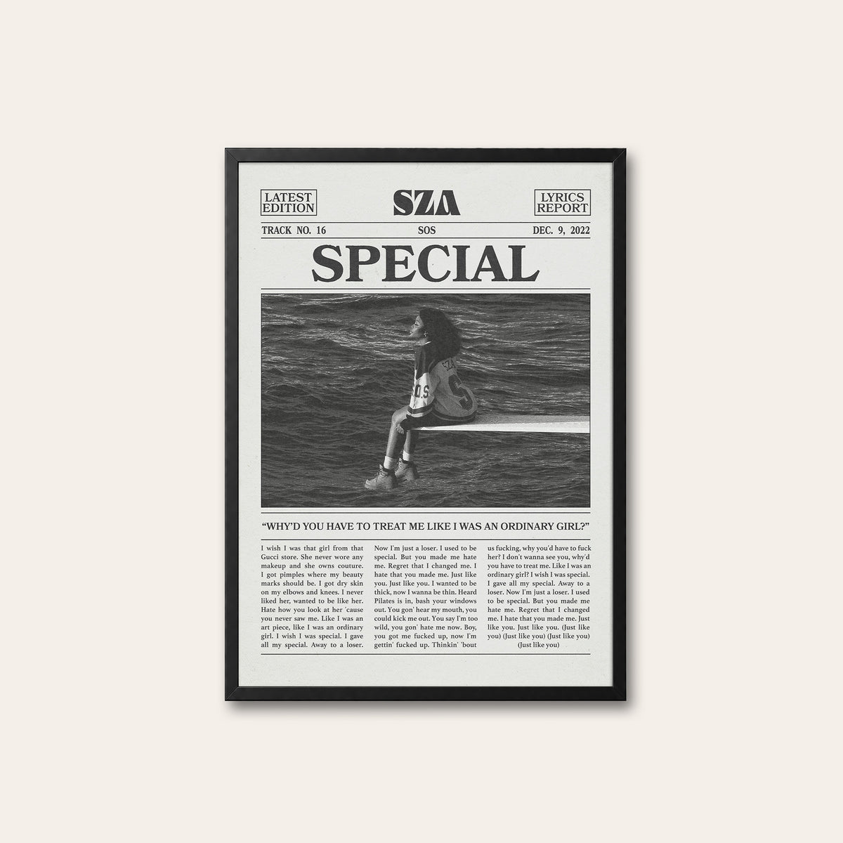 SZA Special newspaper poster — black frame
