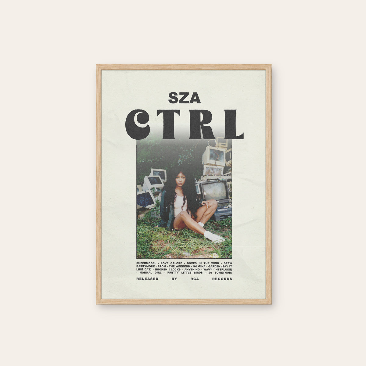 SZA Ctrl newspaper poster, Full Scene — natural wood frame