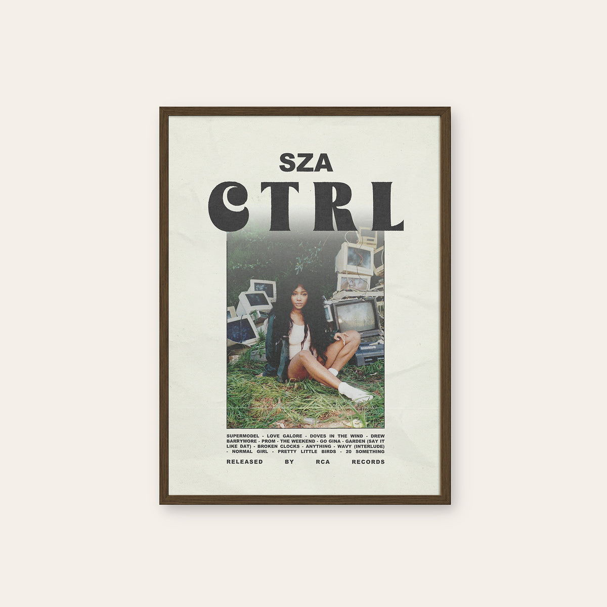 SZA Ctrl newspaper poster, Full Scene — dark wood frame