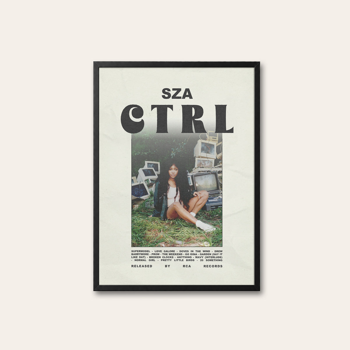 SZA Ctrl newspaper poster, Full Scene — black frame