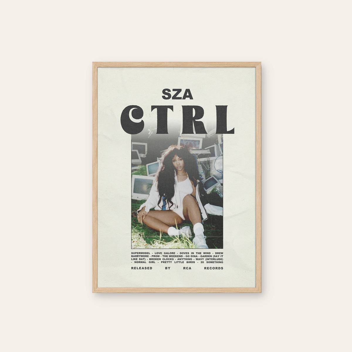 SZA Ctrl newspaper poster, Portrait Crop — natural wood frame