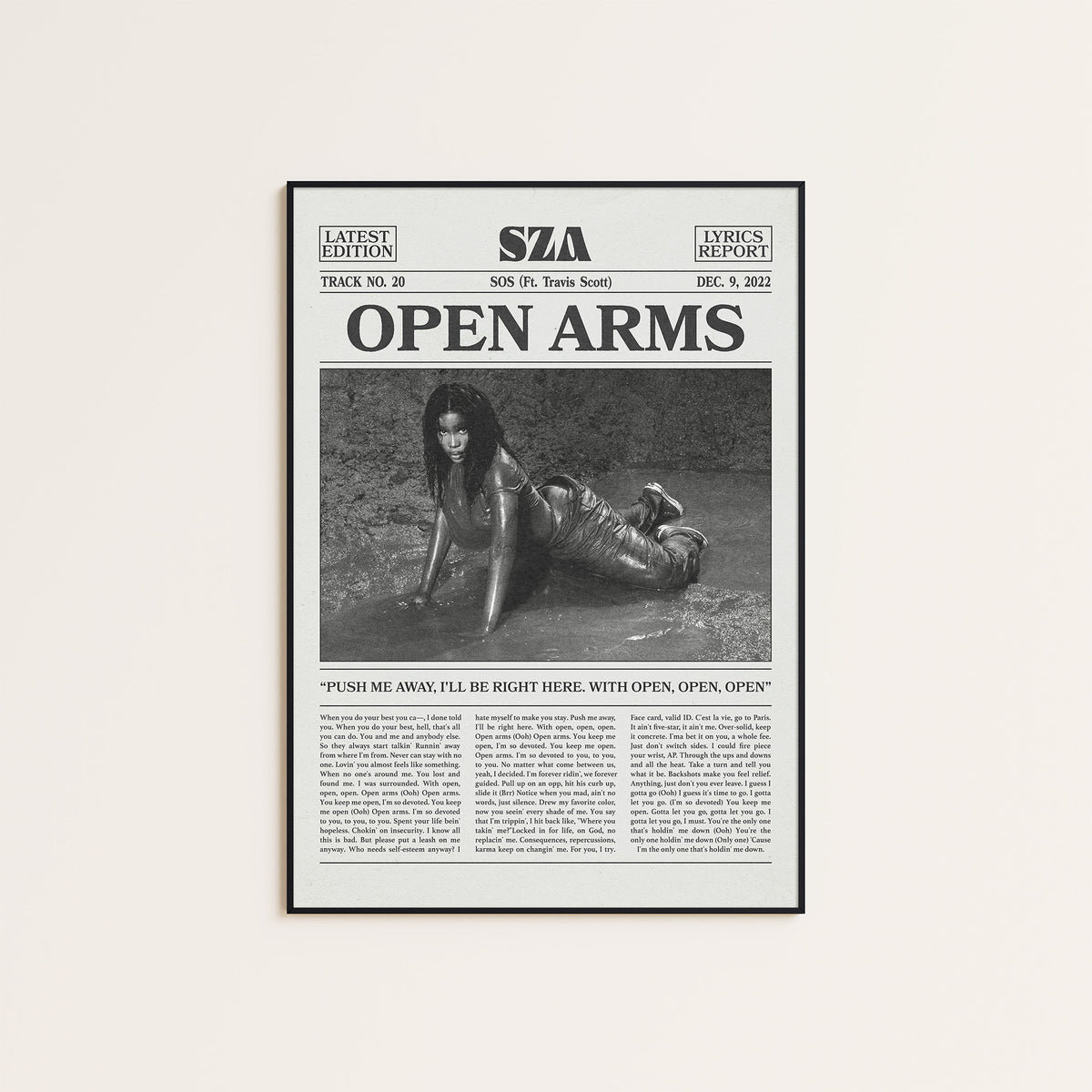 SZA Open Arms newspaper poster, B&W — black frame display