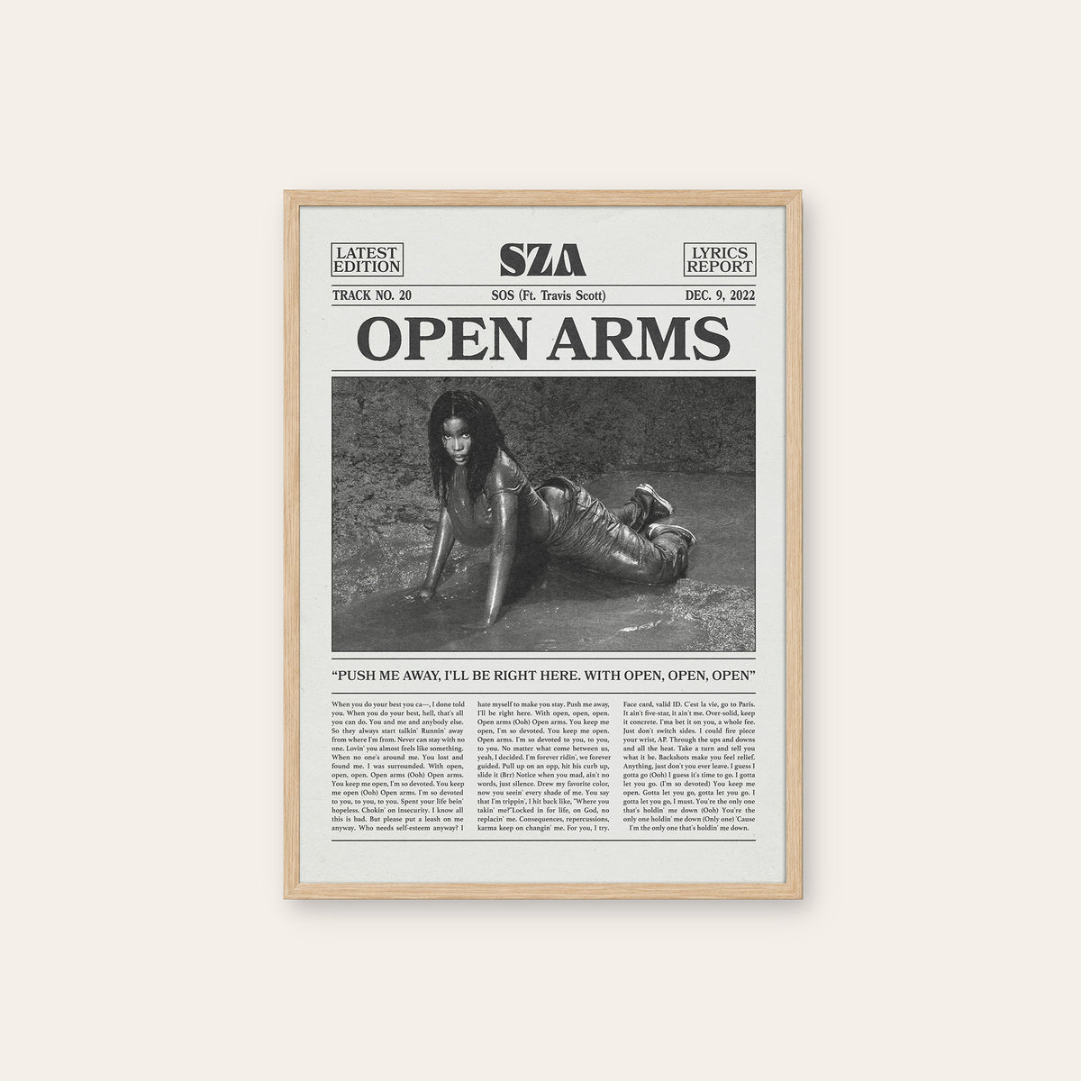 SZA Open Arms newspaper poster, B&W — natural wood frame
