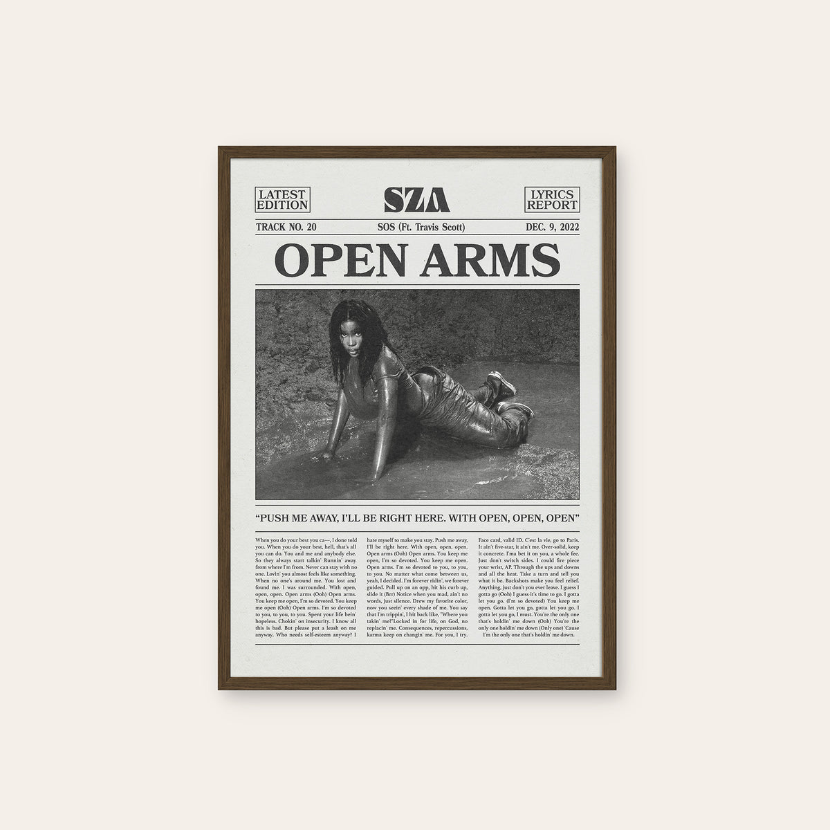 SZA Open Arms newspaper poster, B&W — dark wood frame