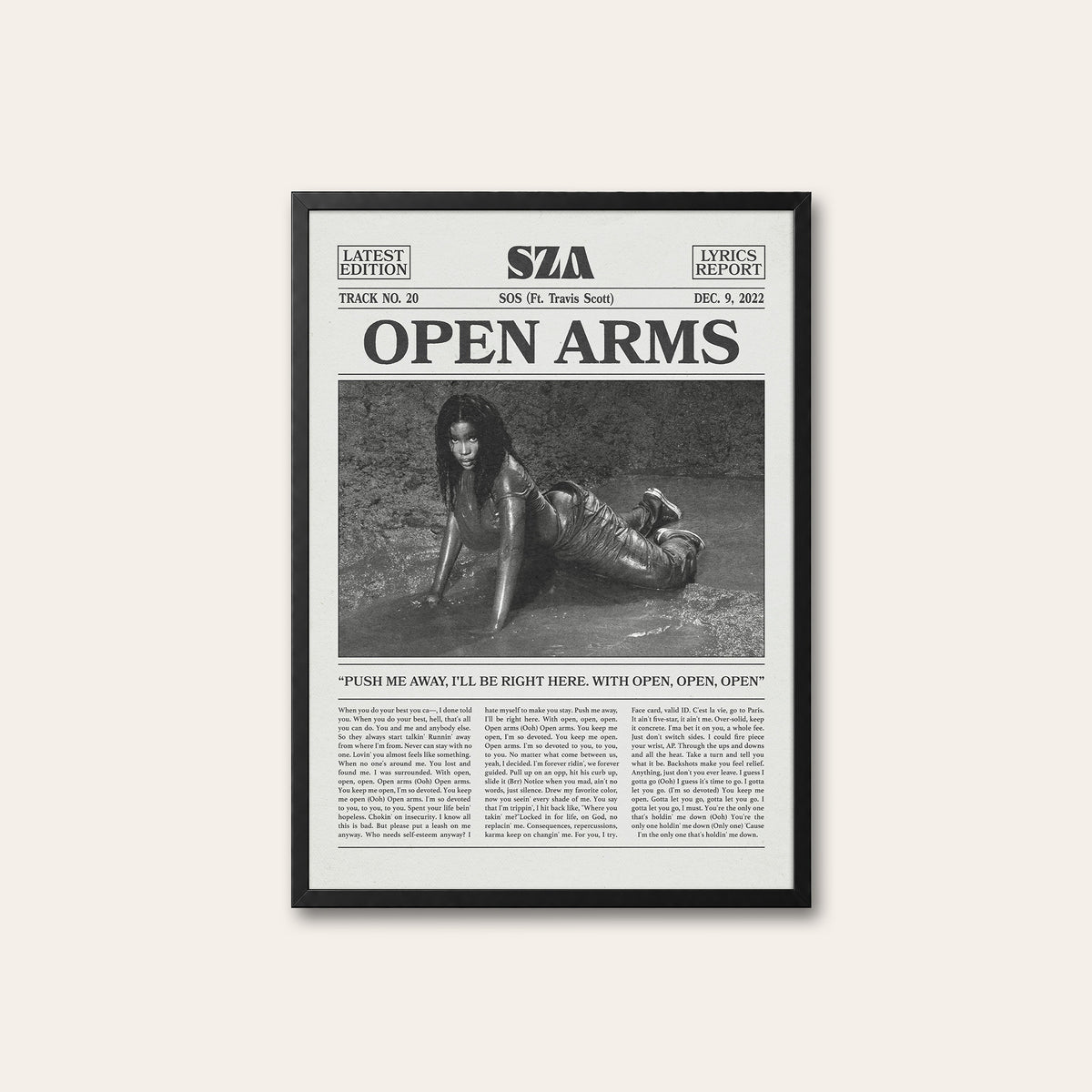 SZA Open Arms newspaper poster, B&W — black frame