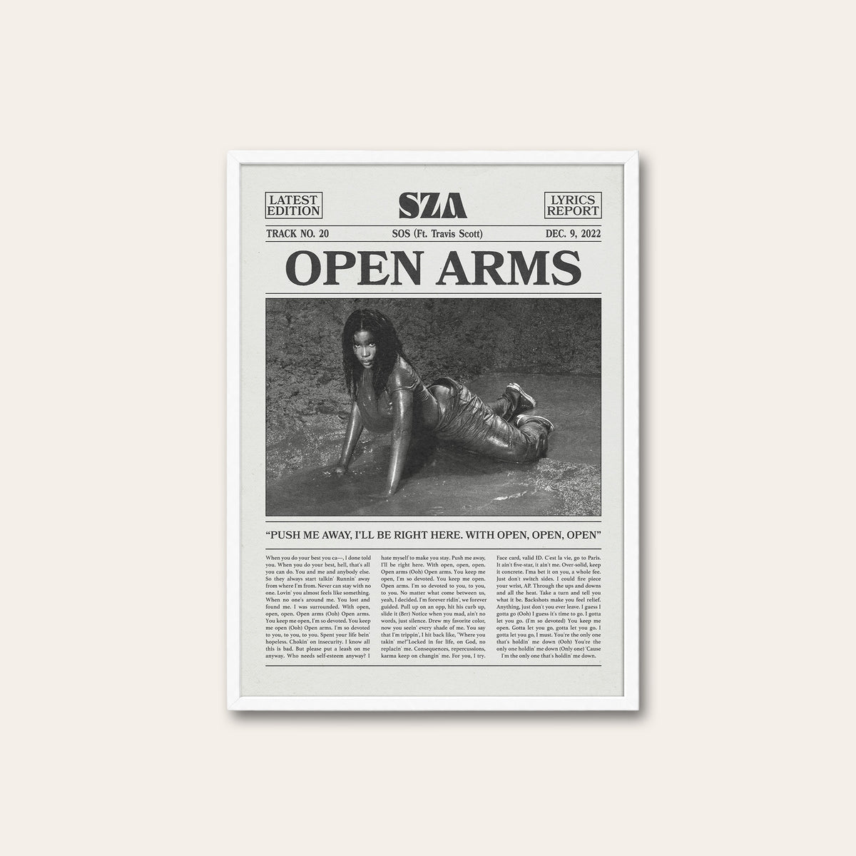SZA Open Arms newspaper poster, B&W — white frame