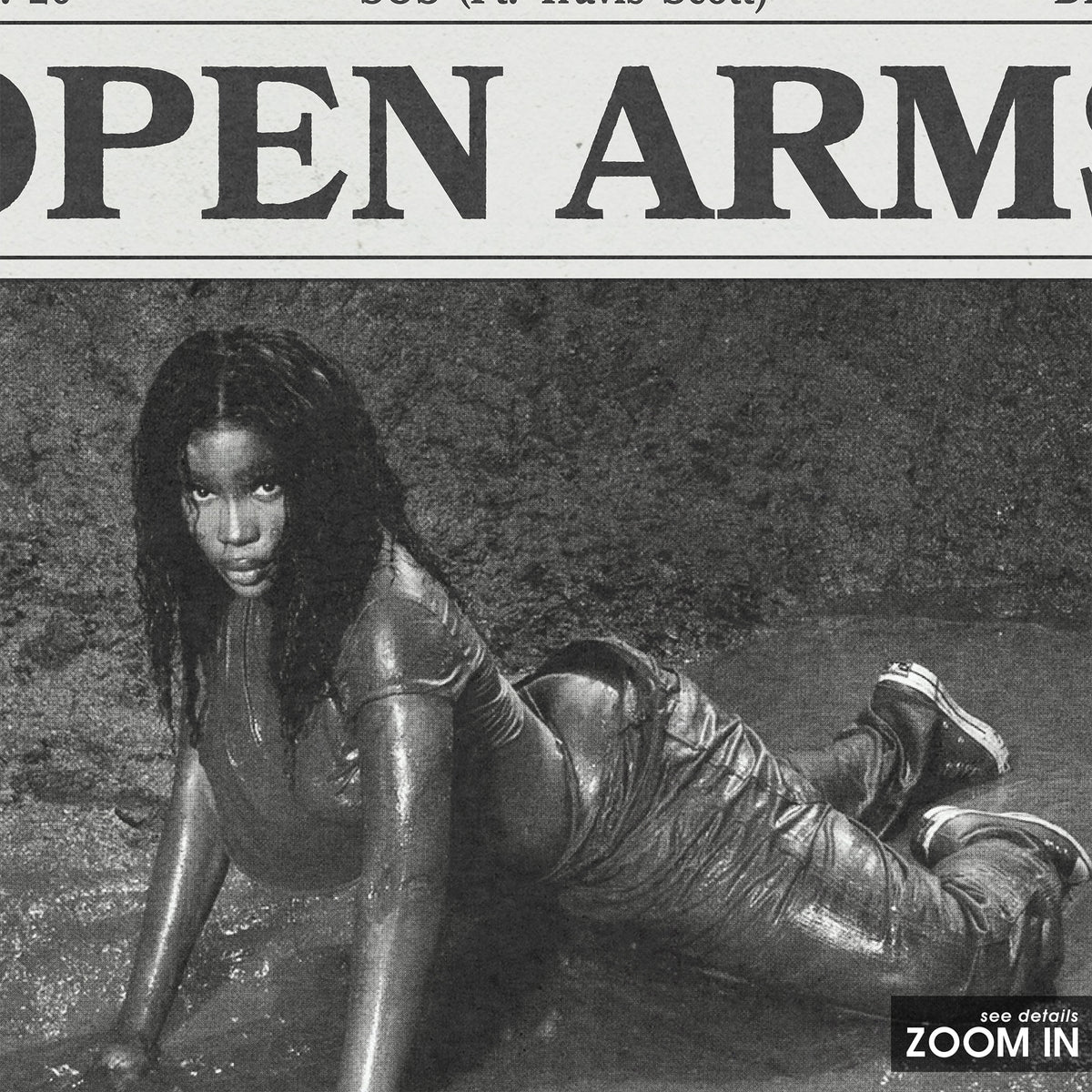 SZA Open Arms newspaper poster, B&W — close-up detail