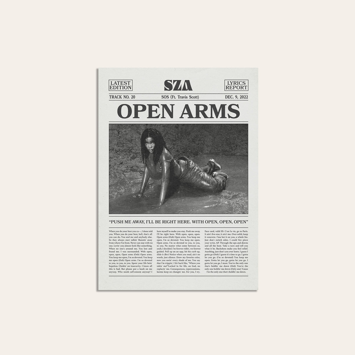 SZA Open Arms newspaper poster, B&W — unframed print