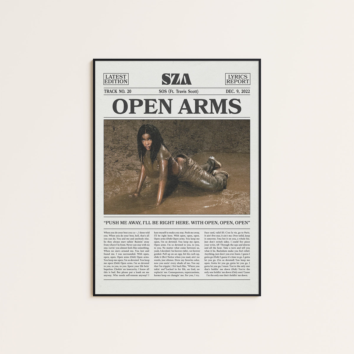 SZA Open Arms newspaper poster, Color — black frame display