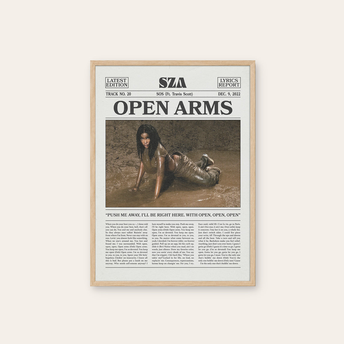SZA Open Arms newspaper poster, Color — natural wood frame