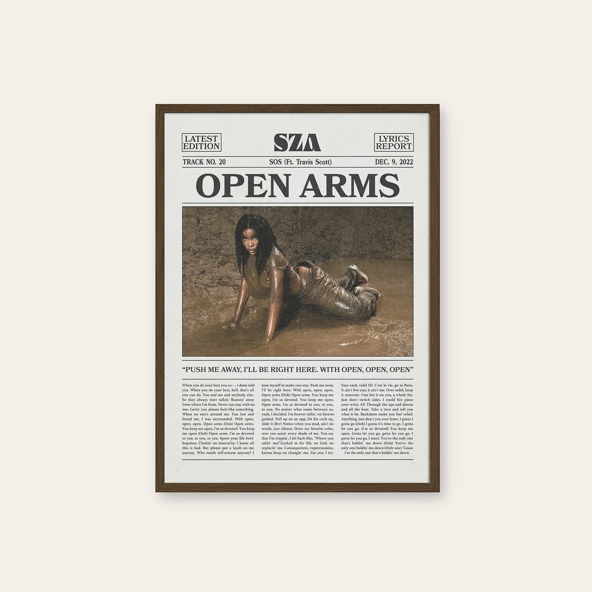 SZA Open Arms newspaper poster, Color — dark wood frame