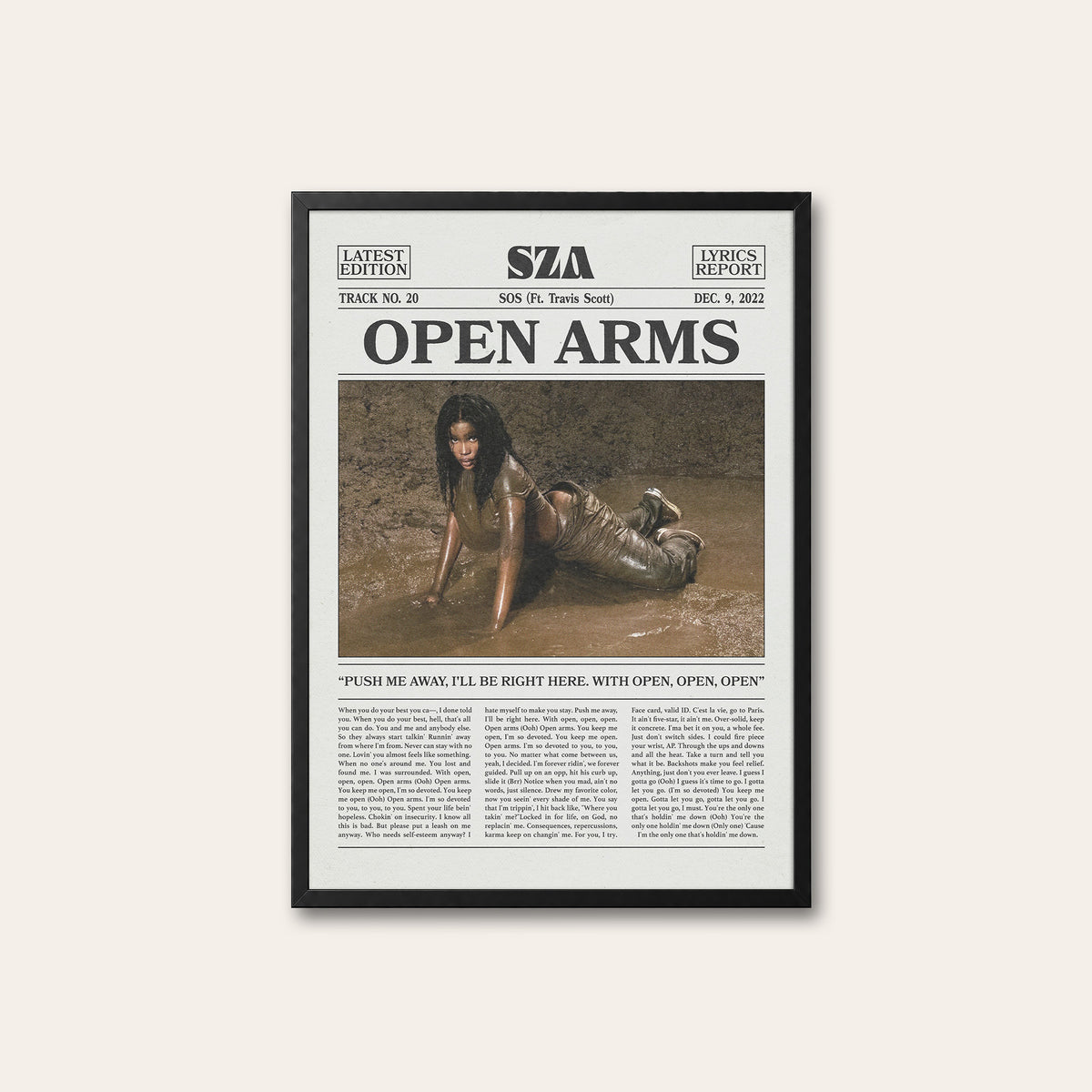 SZA Open Arms newspaper poster, Color — black frame