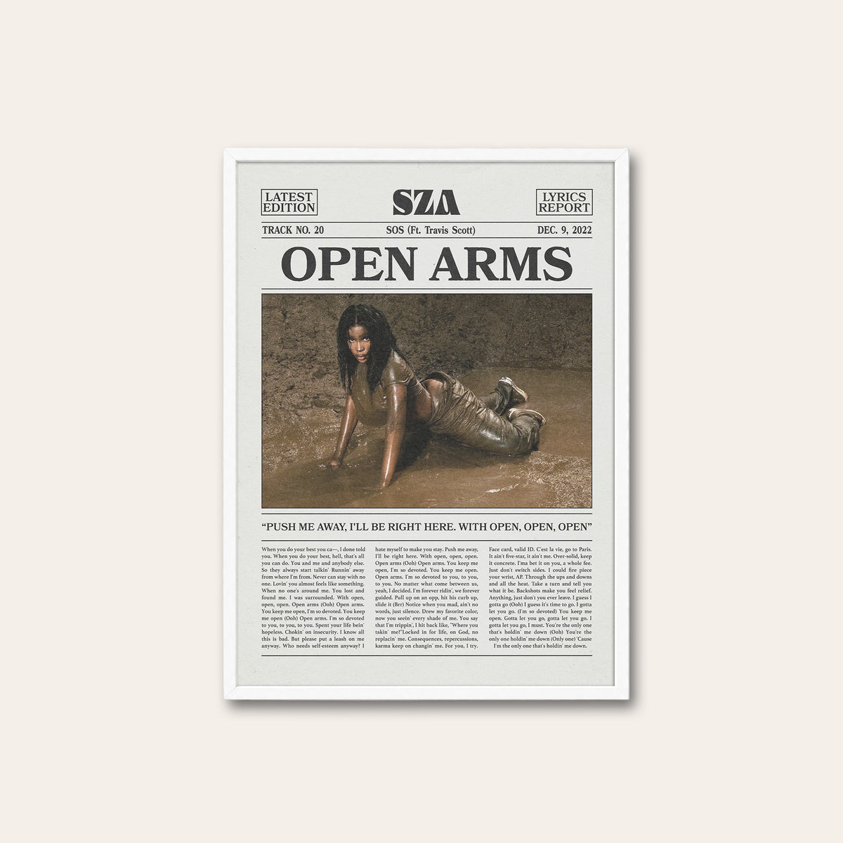 SZA Open Arms newspaper poster, Color — white frame