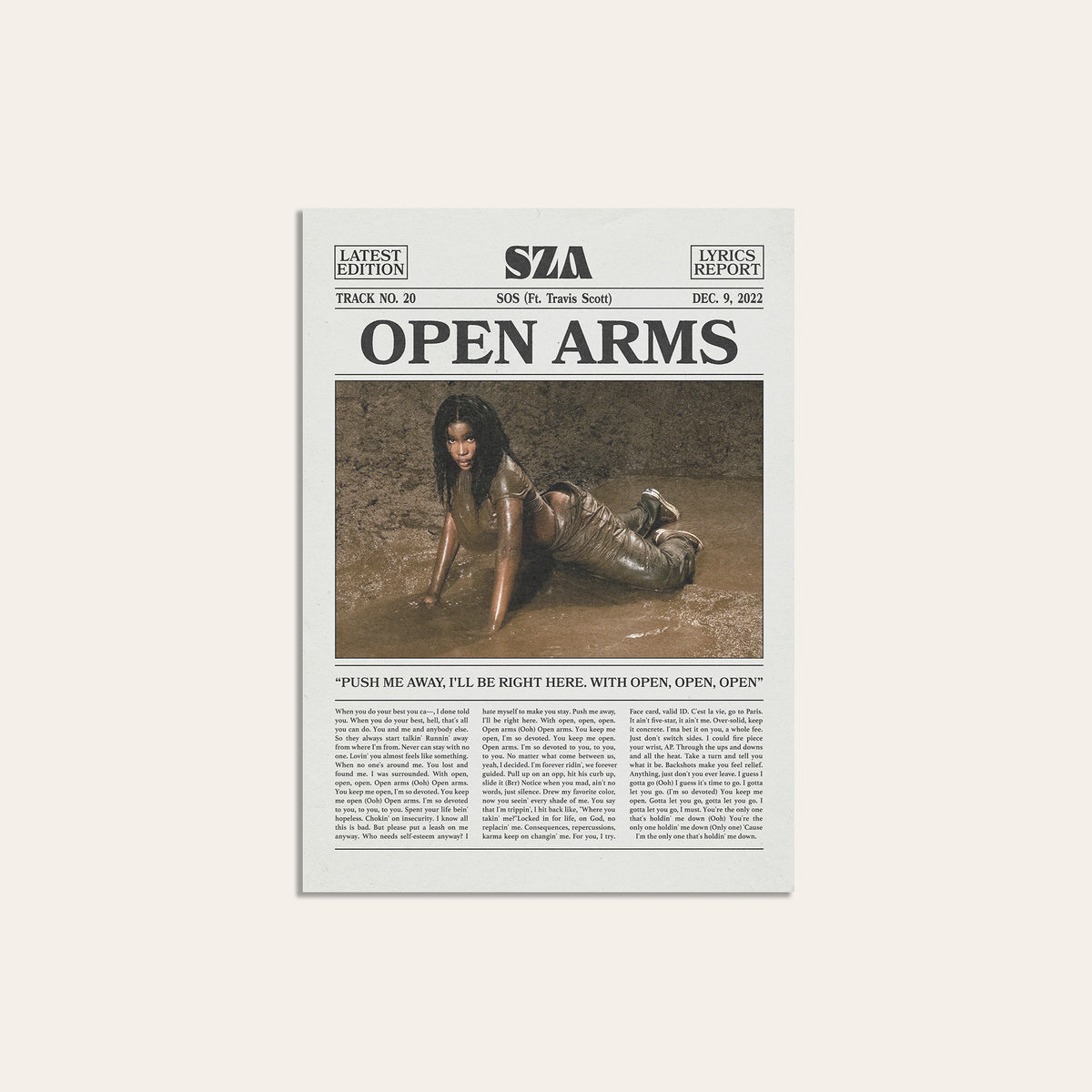 SZA Open Arms newspaper poster, Color — unframed print