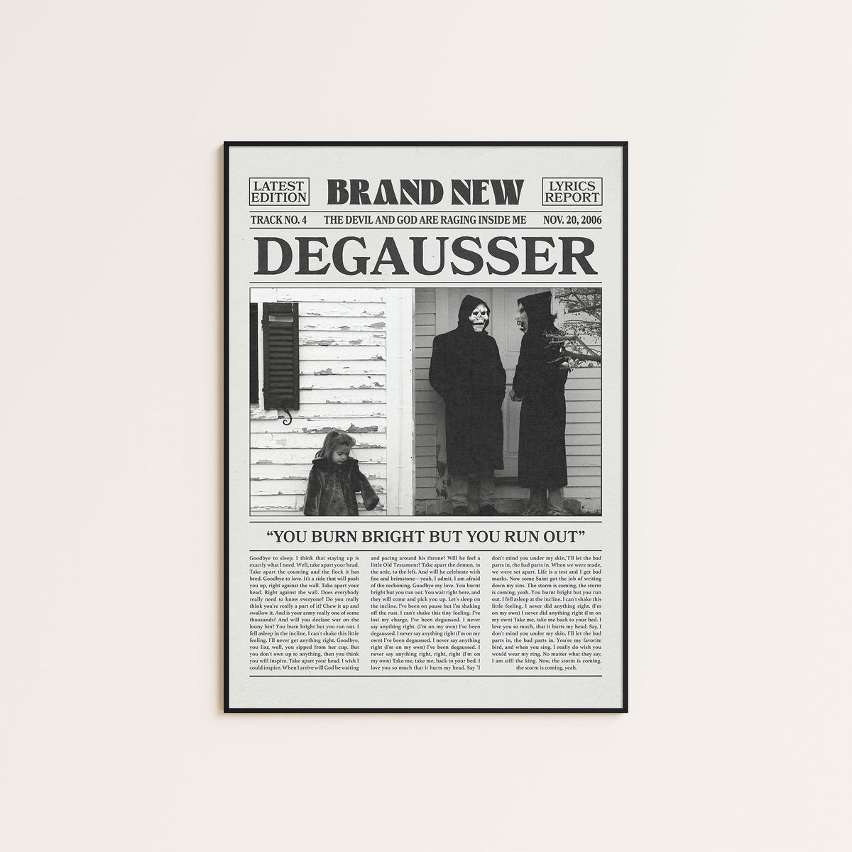 Brand New Degausser newspaper poster — black frame display