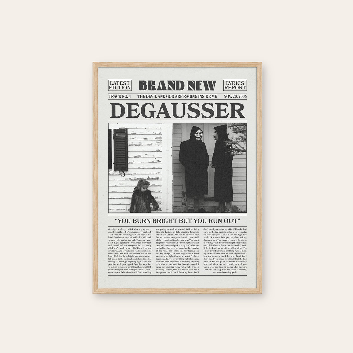 Brand New Degausser newspaper poster — natural wood frame