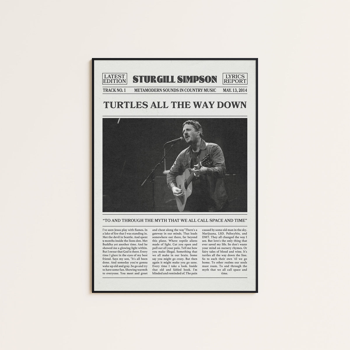 Sturgill Simpson Turtles All the Way Down newspaper poster — black frame display