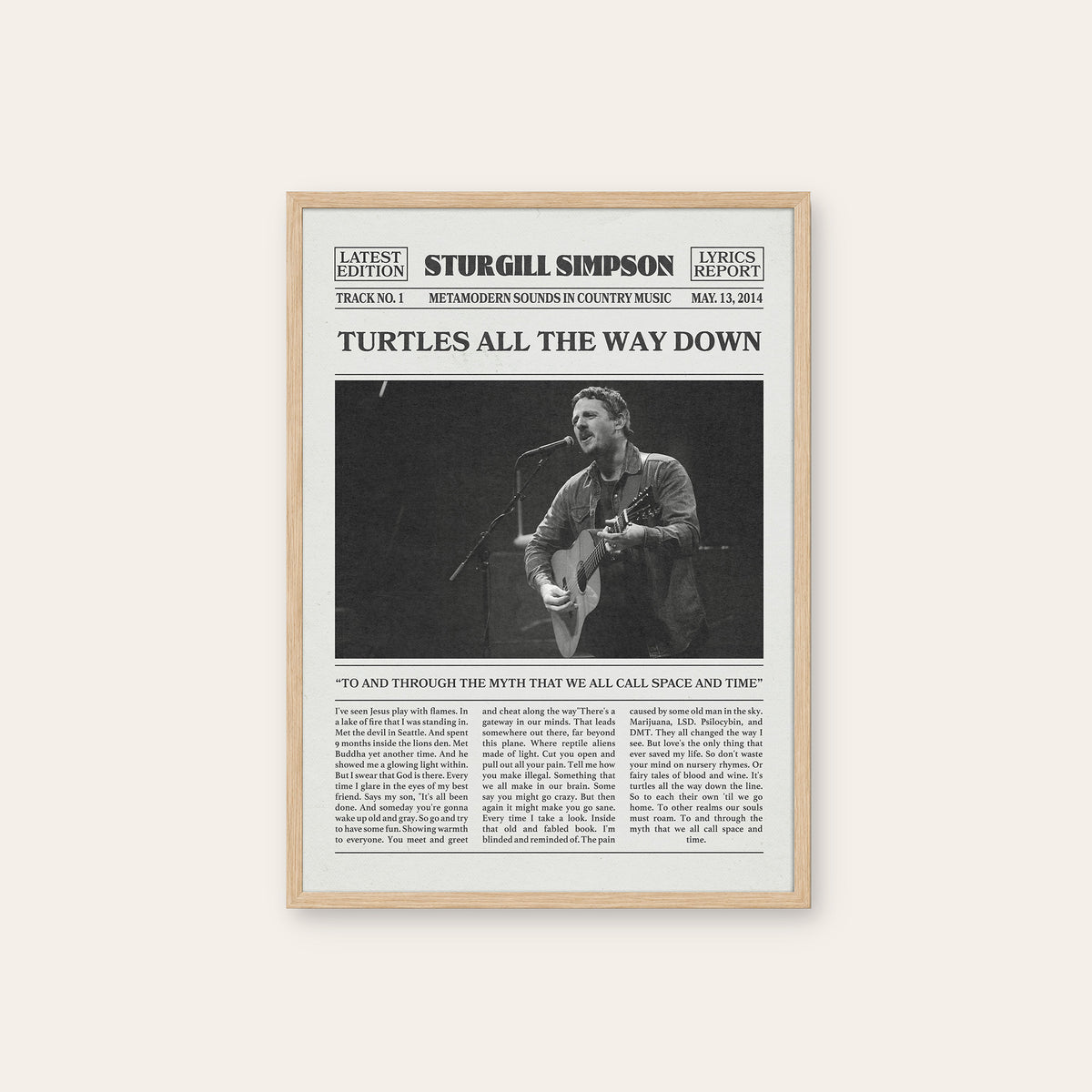 Sturgill Simpson Turtles All the Way Down newspaper poster — natural wood frame