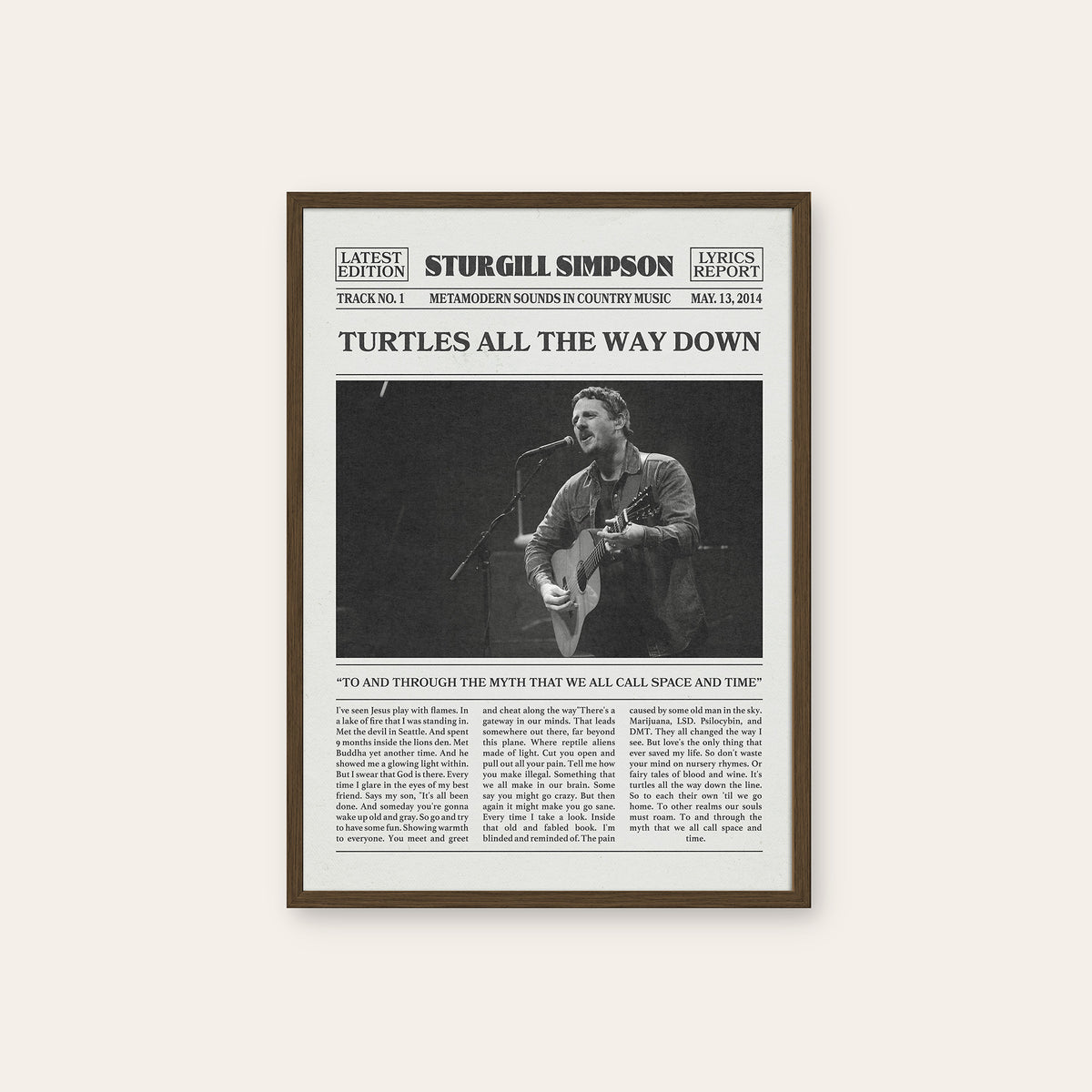 Sturgill Simpson Turtles All the Way Down newspaper poster — dark wood frame