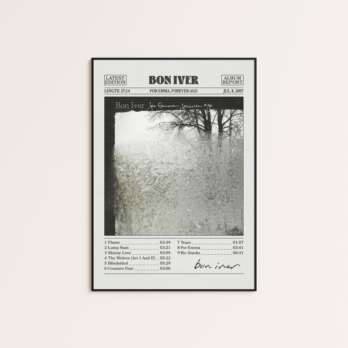 Bon Iver For Emma, Forever Ago newspaper poster — black frame display