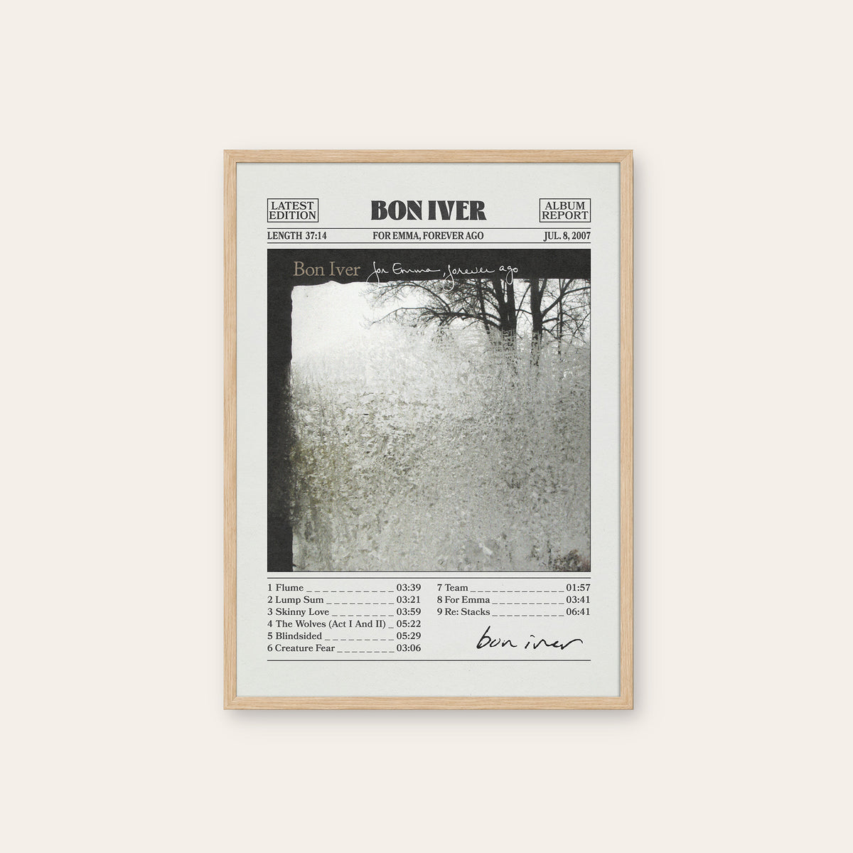 Bon Iver For Emma, Forever Ago newspaper poster — natural wood frame