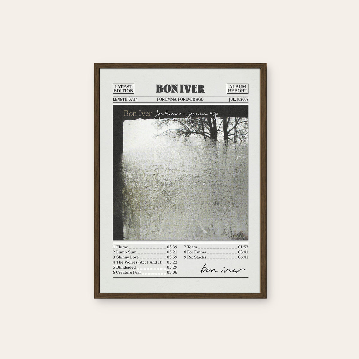 Bon Iver For Emma, Forever Ago newspaper poster — dark wood frame