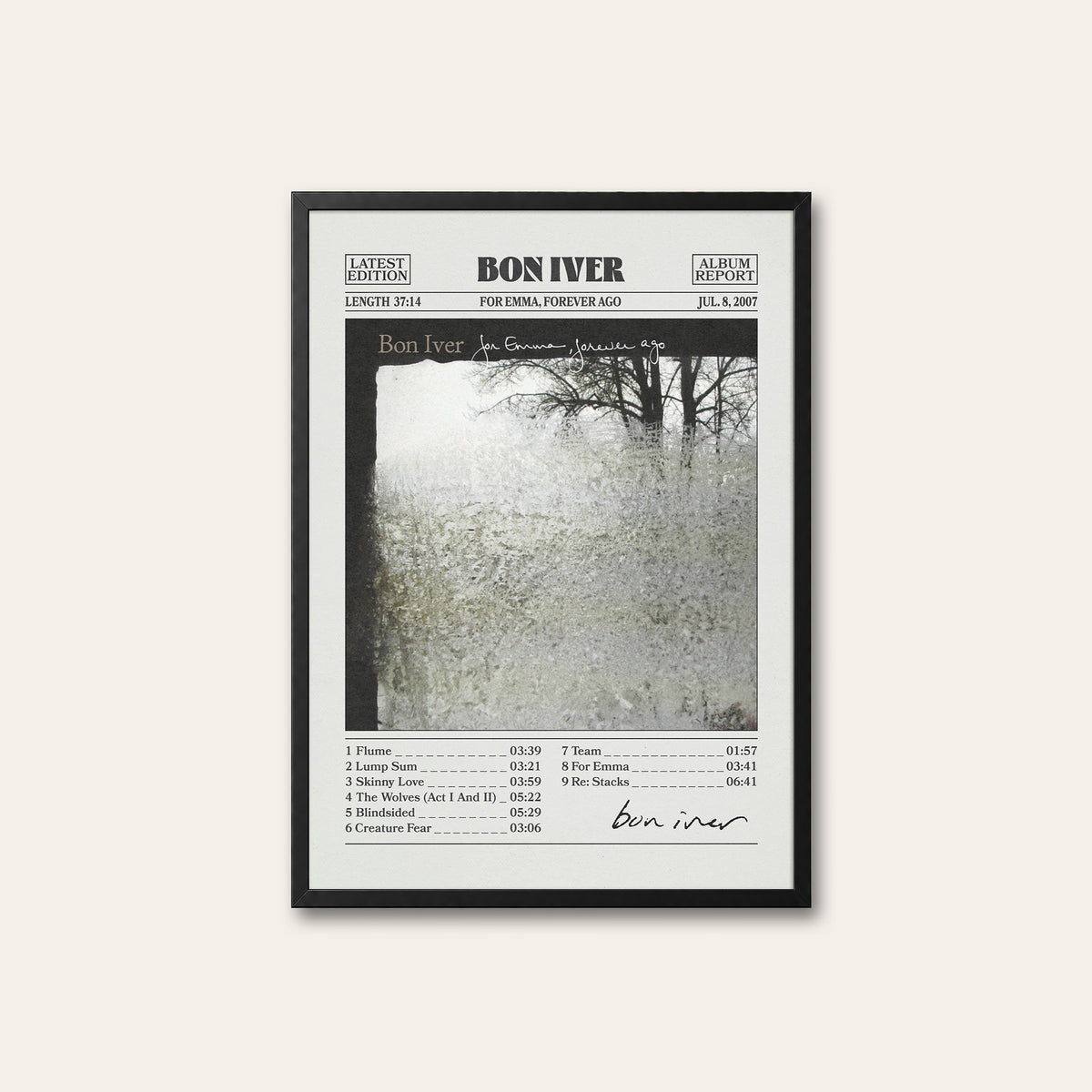Bon Iver For Emma, Forever Ago newspaper poster — black frame