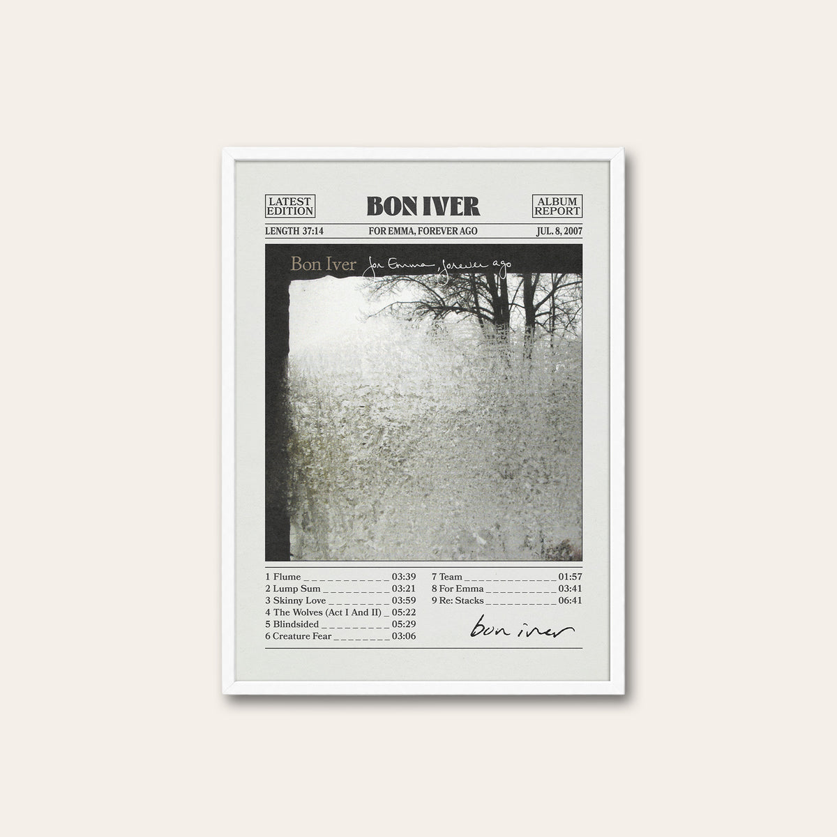 Bon Iver For Emma, Forever Ago newspaper poster — white frame