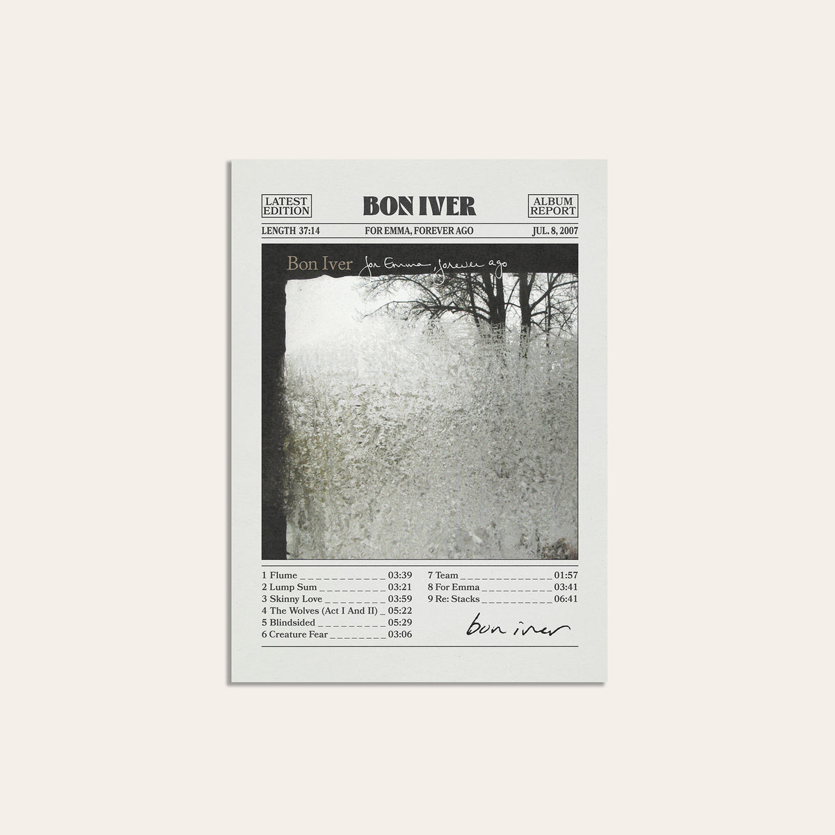 Bon Iver For Emma, Forever Ago newspaper poster — unframed print
