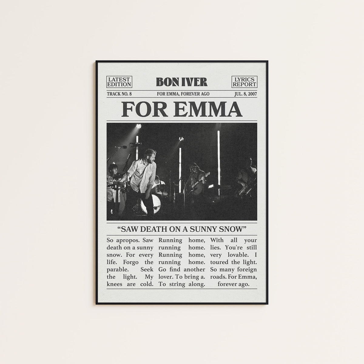 Bon Iver For Emma newspaper poster — black frame display