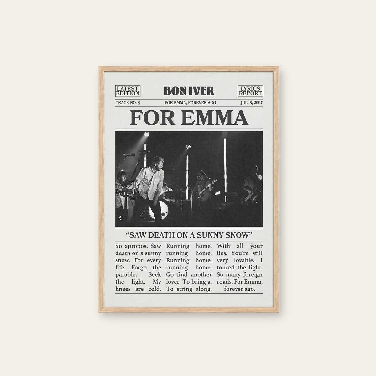 Bon Iver For Emma newspaper poster — natural wood frame