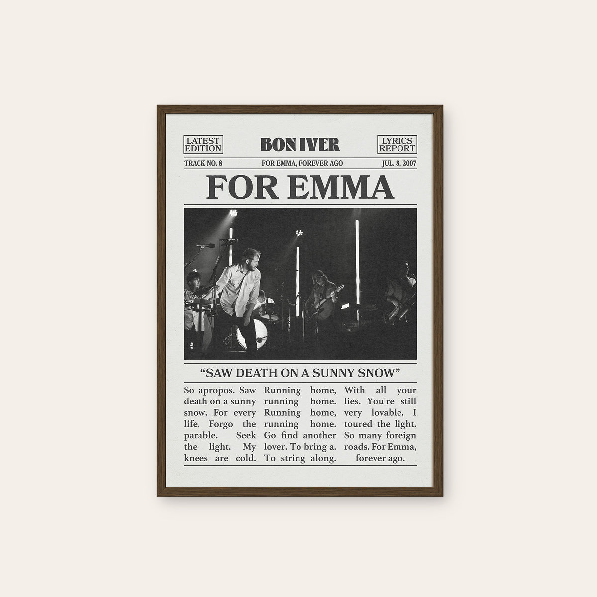 Bon Iver For Emma newspaper poster — dark wood frame