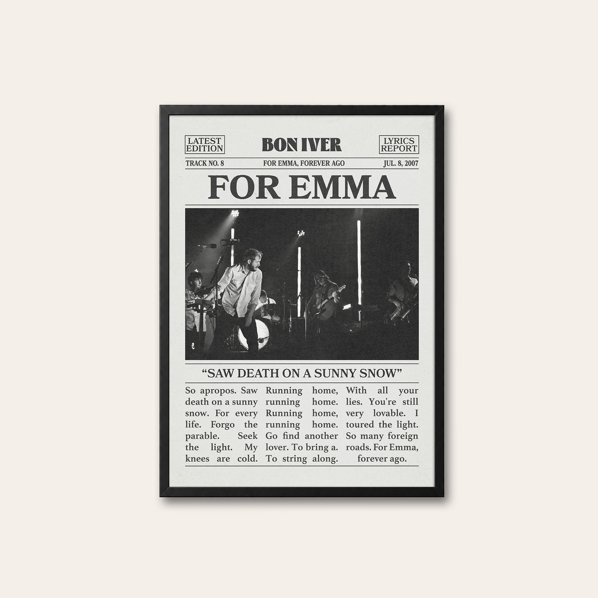 Bon Iver For Emma newspaper poster — black frame