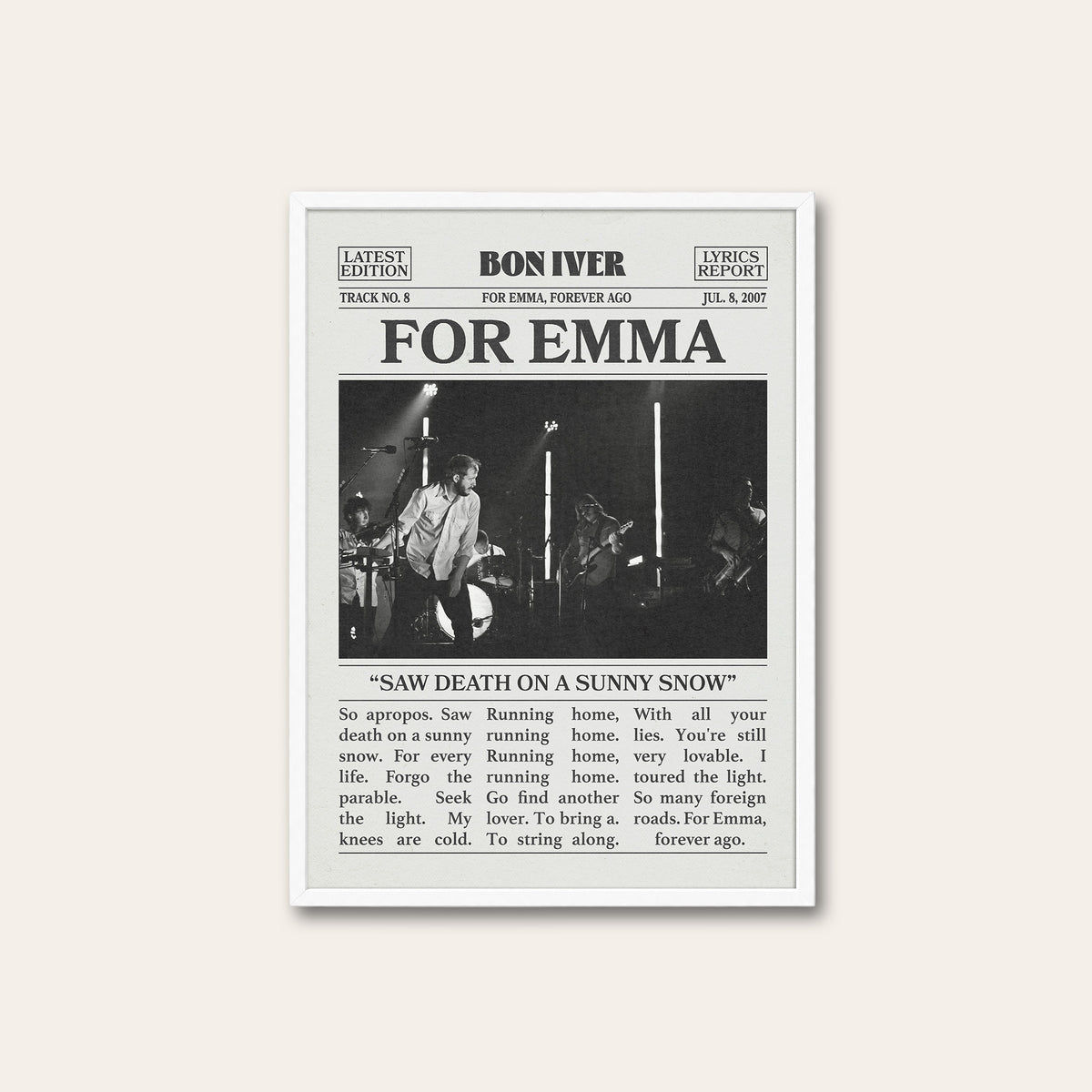Bon Iver For Emma newspaper poster — white frame
