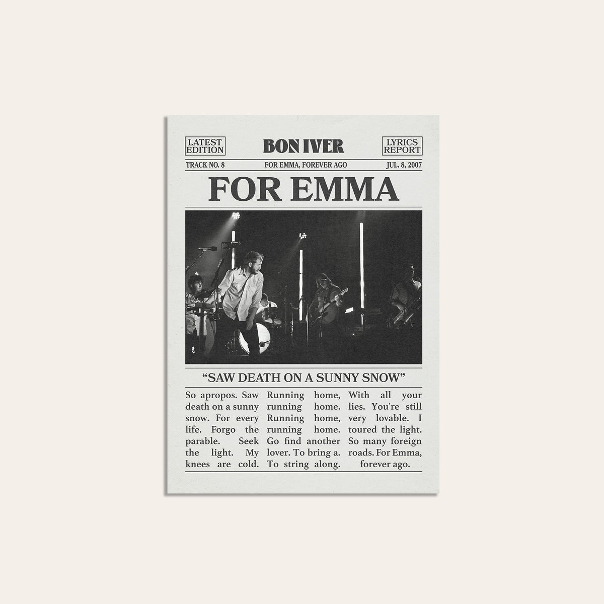Bon Iver For Emma newspaper poster — unframed print