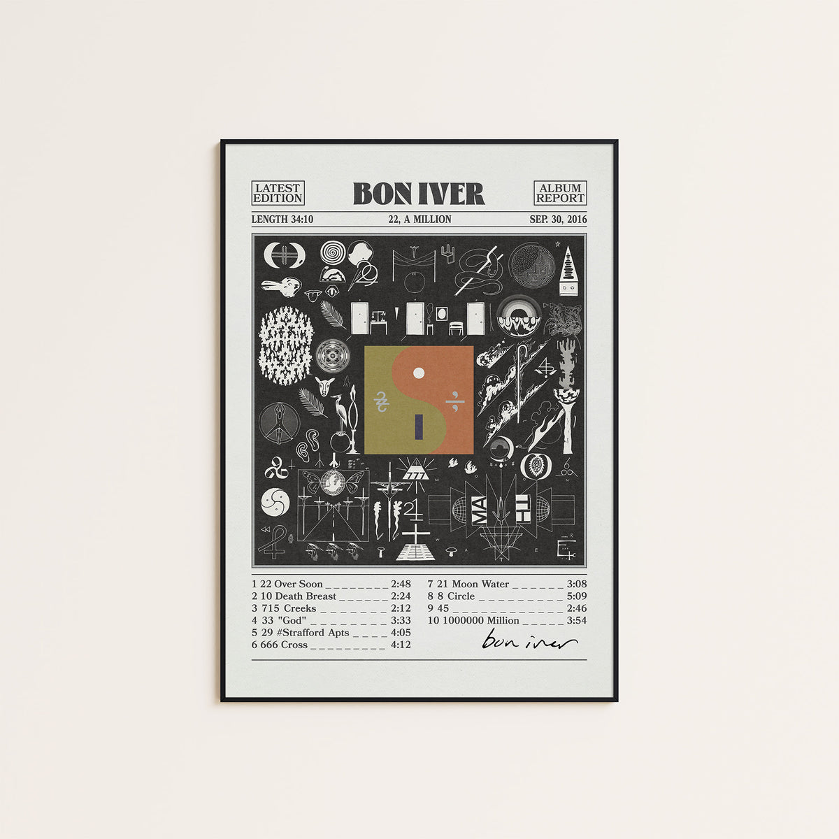 Bon Iver 22, A Million newspaper poster — black frame display
