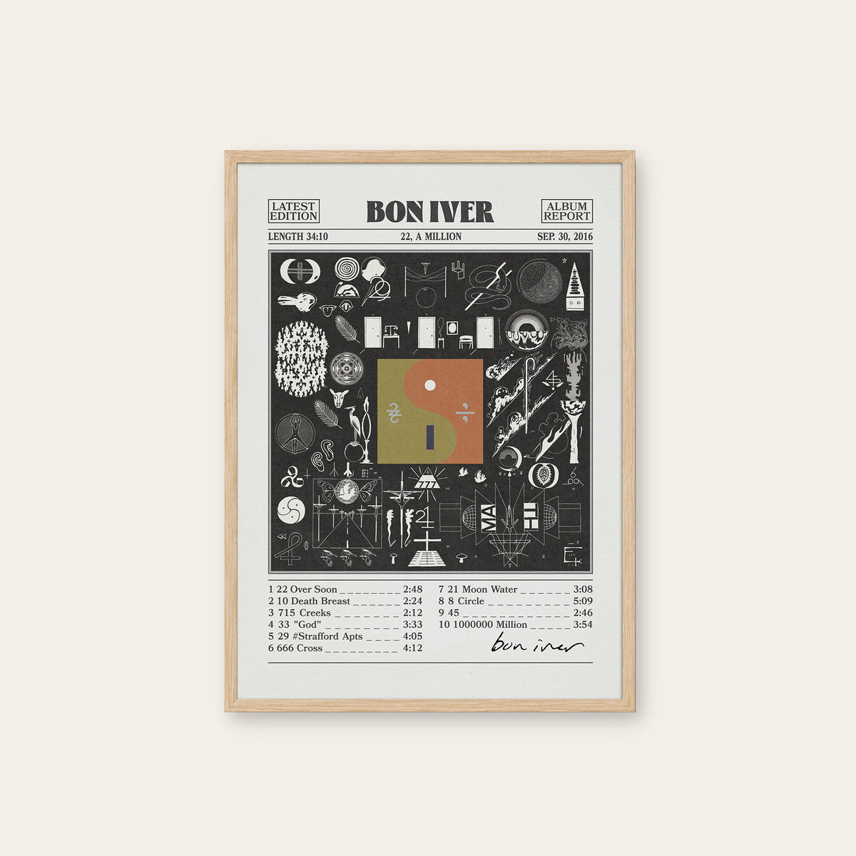 Bon Iver 22, A Million newspaper poster — natural wood frame