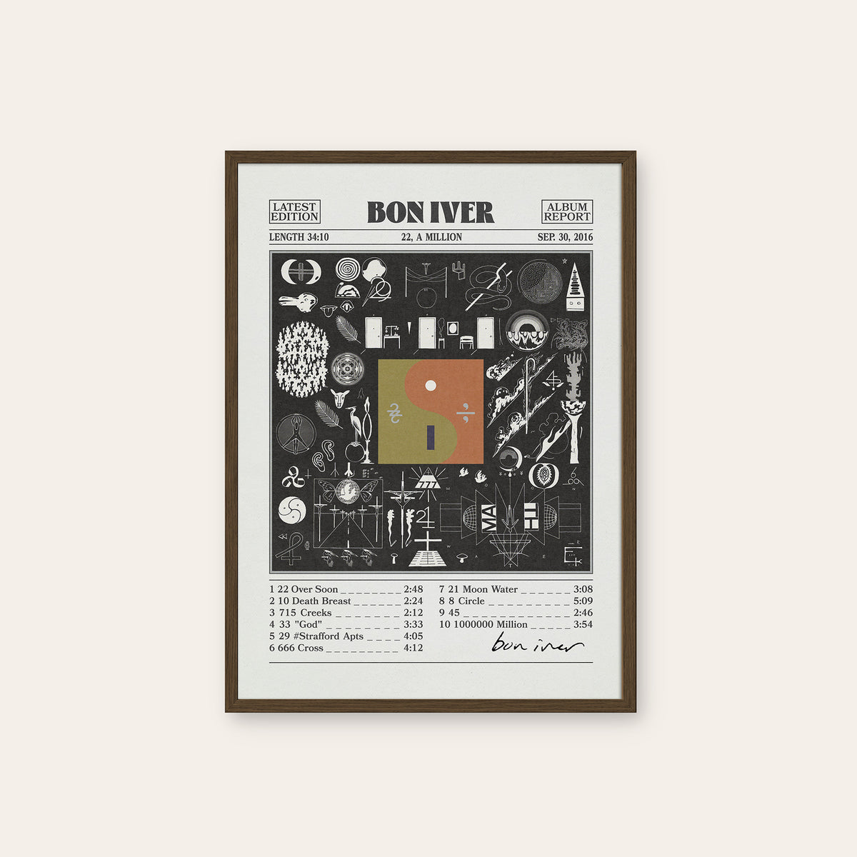Bon Iver 22, A Million newspaper poster — dark wood frame