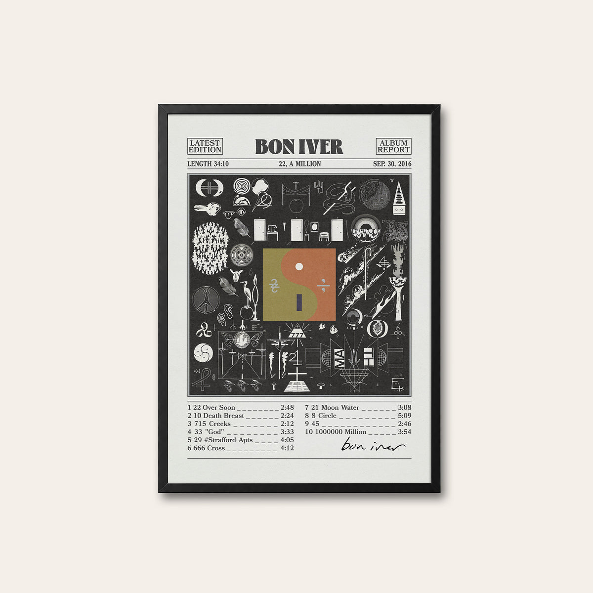 Bon Iver 22, A Million newspaper poster — black frame