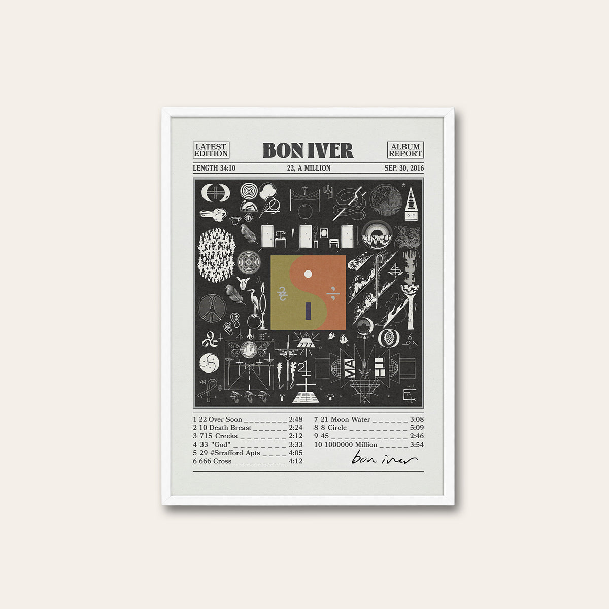 Bon Iver 22, A Million newspaper poster — white frame