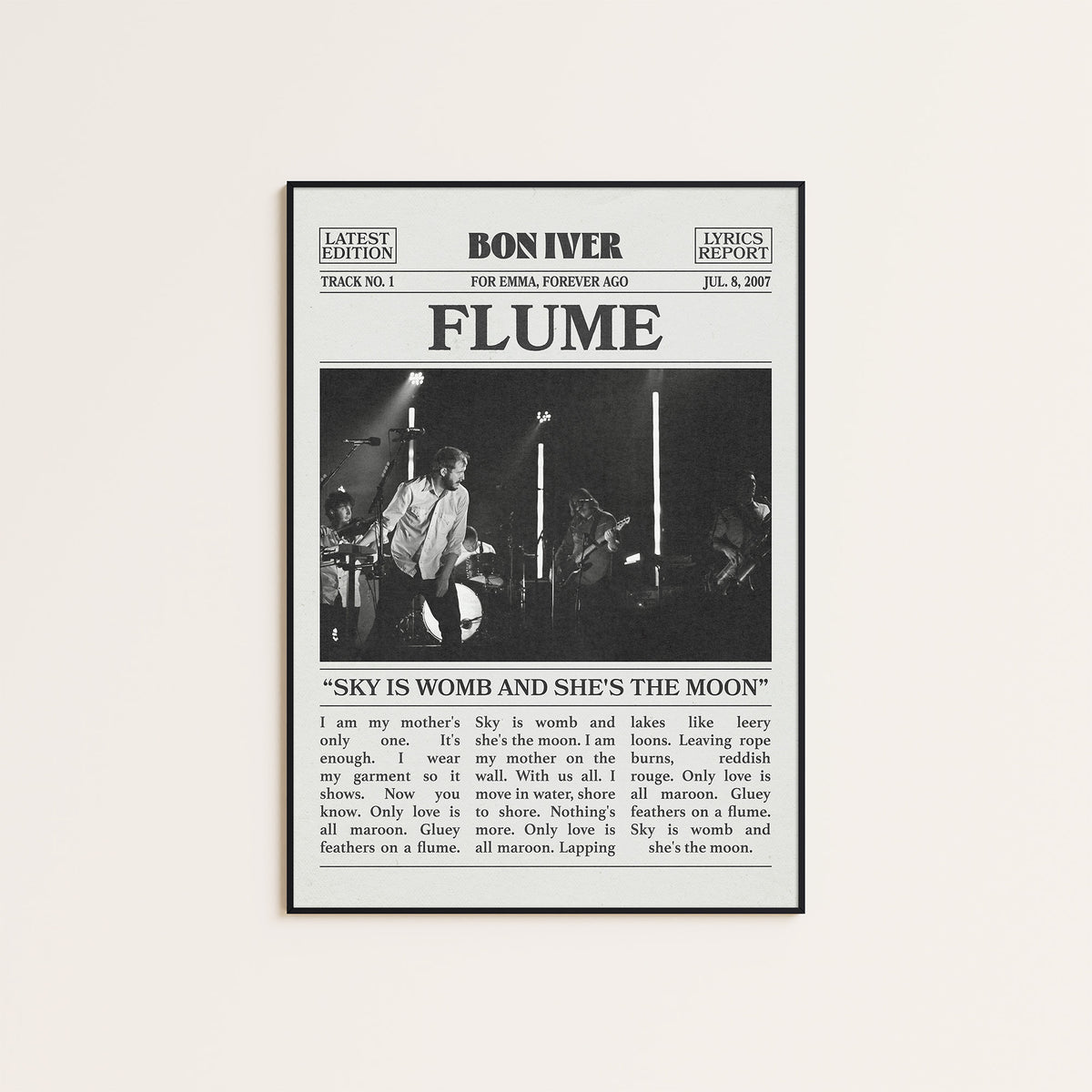 Bon Iver Flume newspaper poster — black frame display