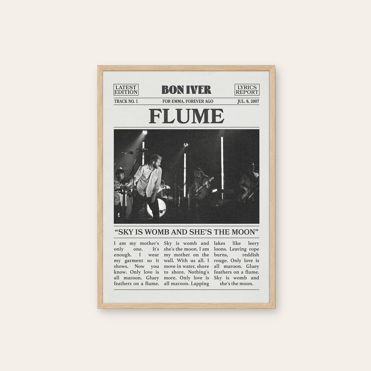Bon Iver Flume newspaper poster — natural wood frame