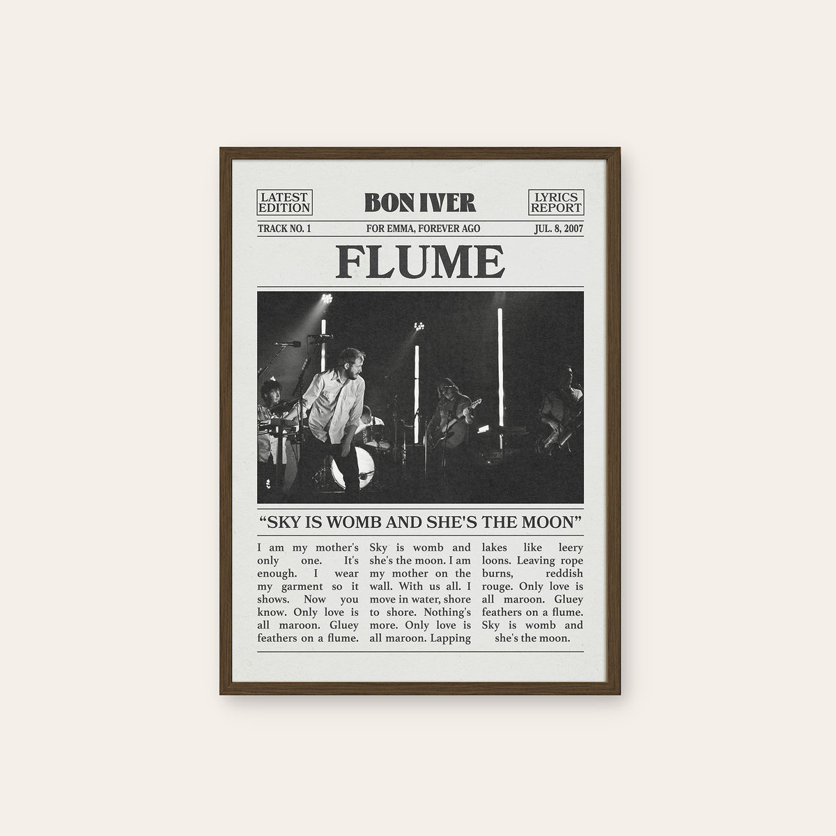 Bon Iver Flume newspaper poster — dark wood frame