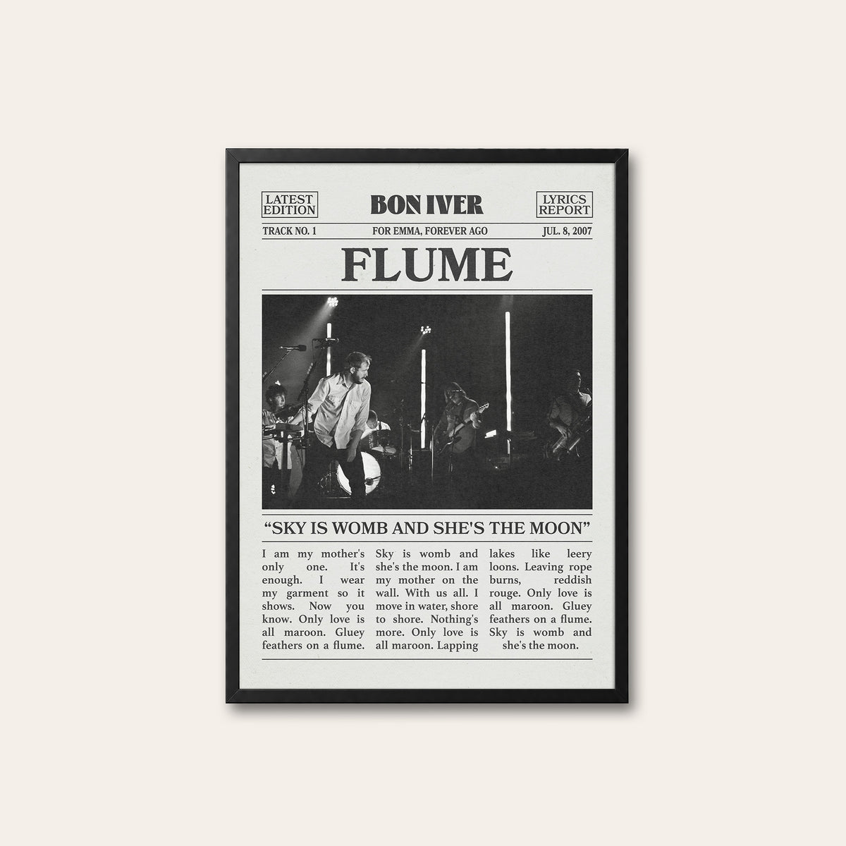 Bon Iver Flume newspaper poster — black frame