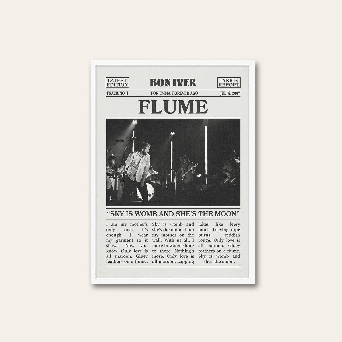 Bon Iver Flume newspaper poster — white frame