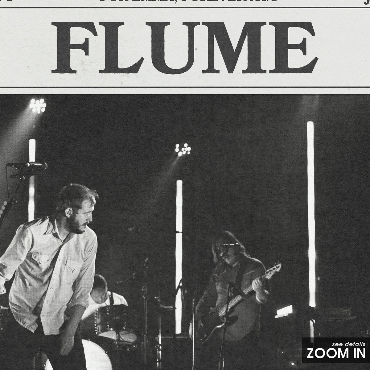 Bon Iver Flume newspaper poster — close-up detail