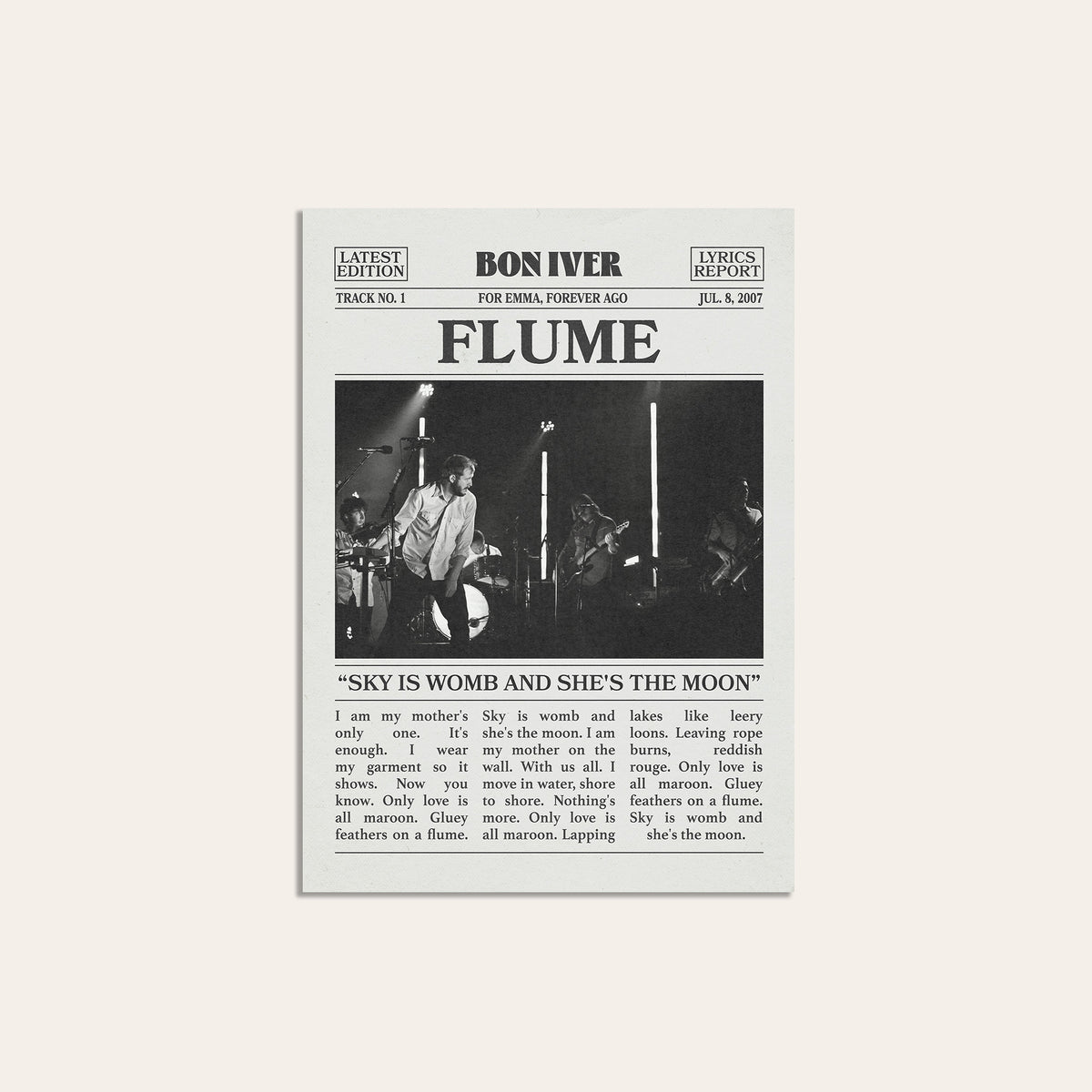 Bon Iver Flume newspaper poster — unframed print